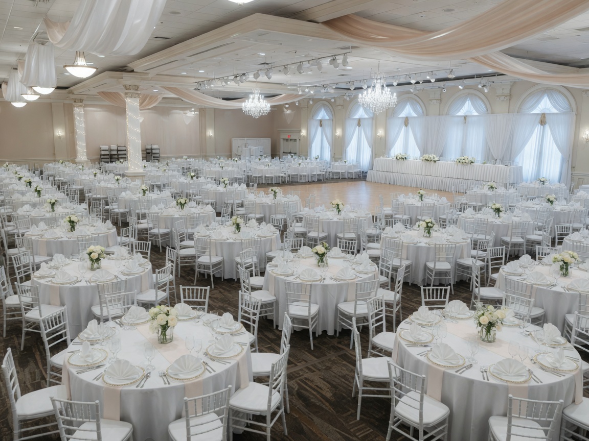 Banquet hall tables with linens